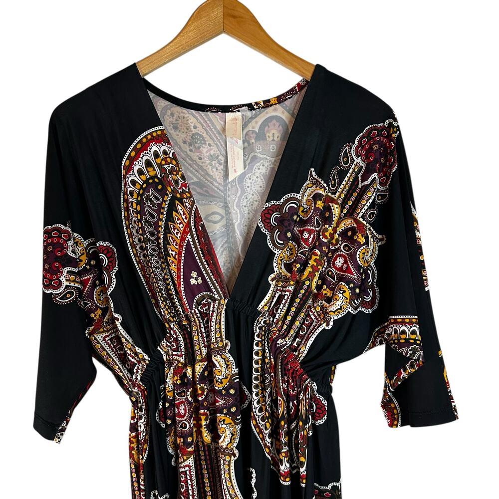 Cristina Love V-Neck Kimono-Sleeve Kaftan Tunic-Style Dress Black Multi L Boho - Picture 3 of 10